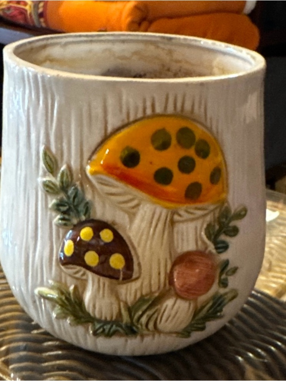 Vintage Ceramic Mushroom Planter Mug in Yellow, Brown, Green